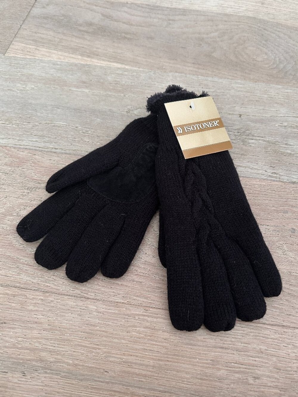 Isotoner Black Knit Gloves with Suede Details